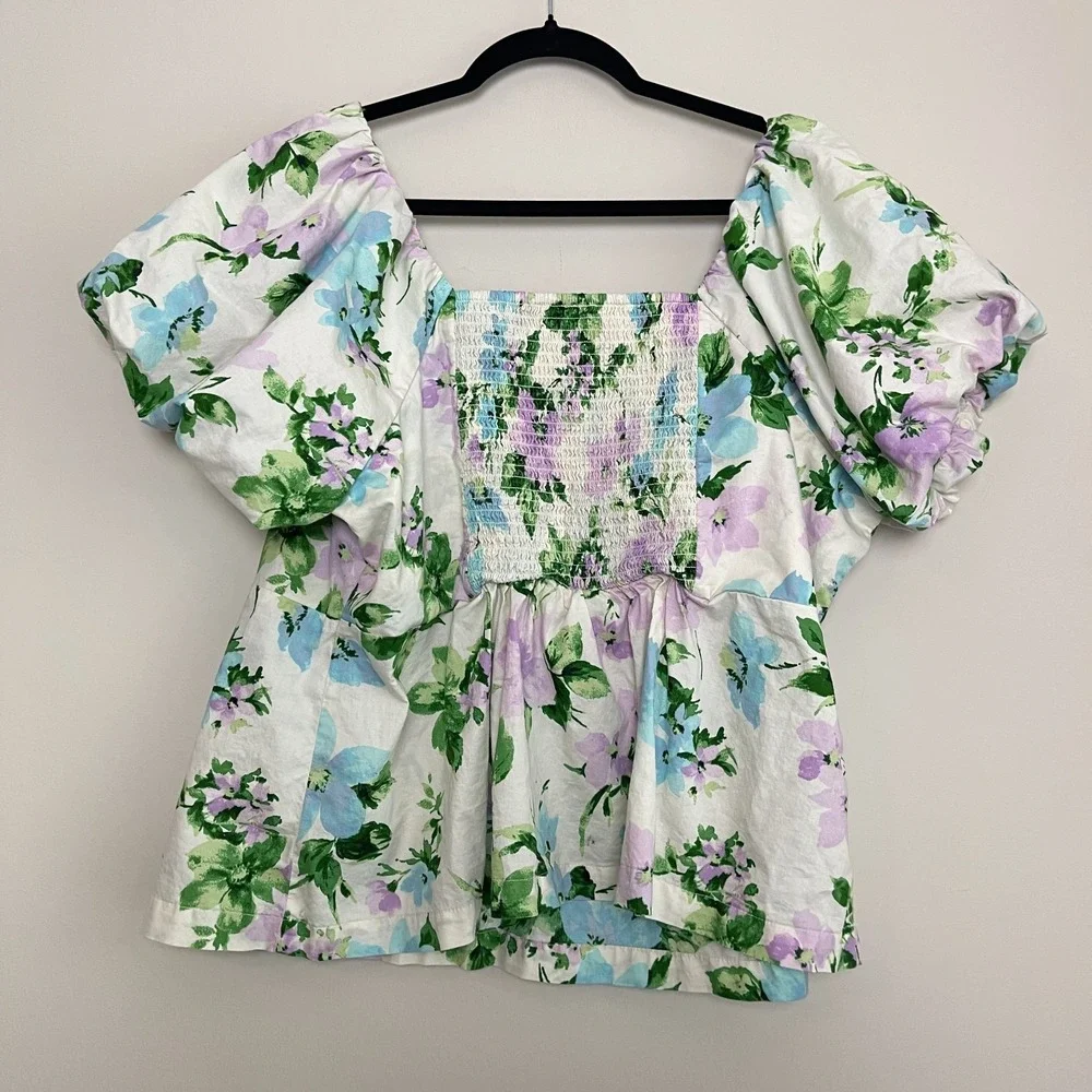 Old Navy Women's Waist-Defined V-Neck Puff Sleeve Top in White Floral Boho Sz 2X